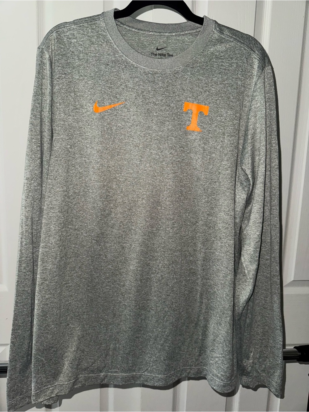 Nike Gray Long-Sleeve Dri-FIT Tee with Orange 'T' and Swoosh
